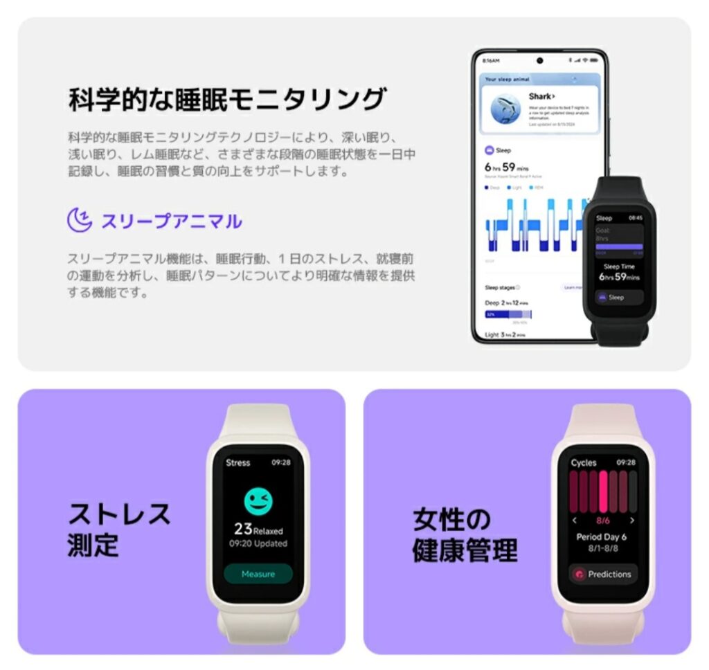 Xiaomi Smart Band 9 Active（機能イメージ）