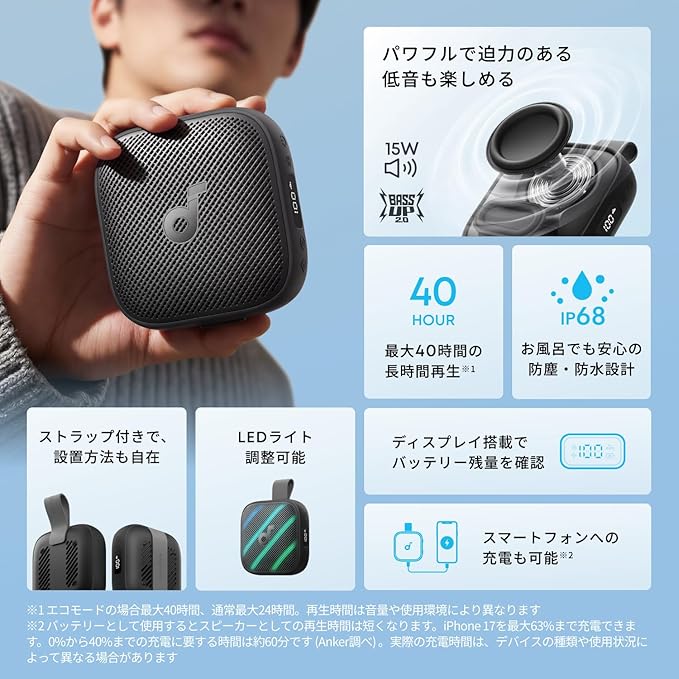 Anker Soundcore Boom Go 3i ストラップ付きポータブルスピーカー