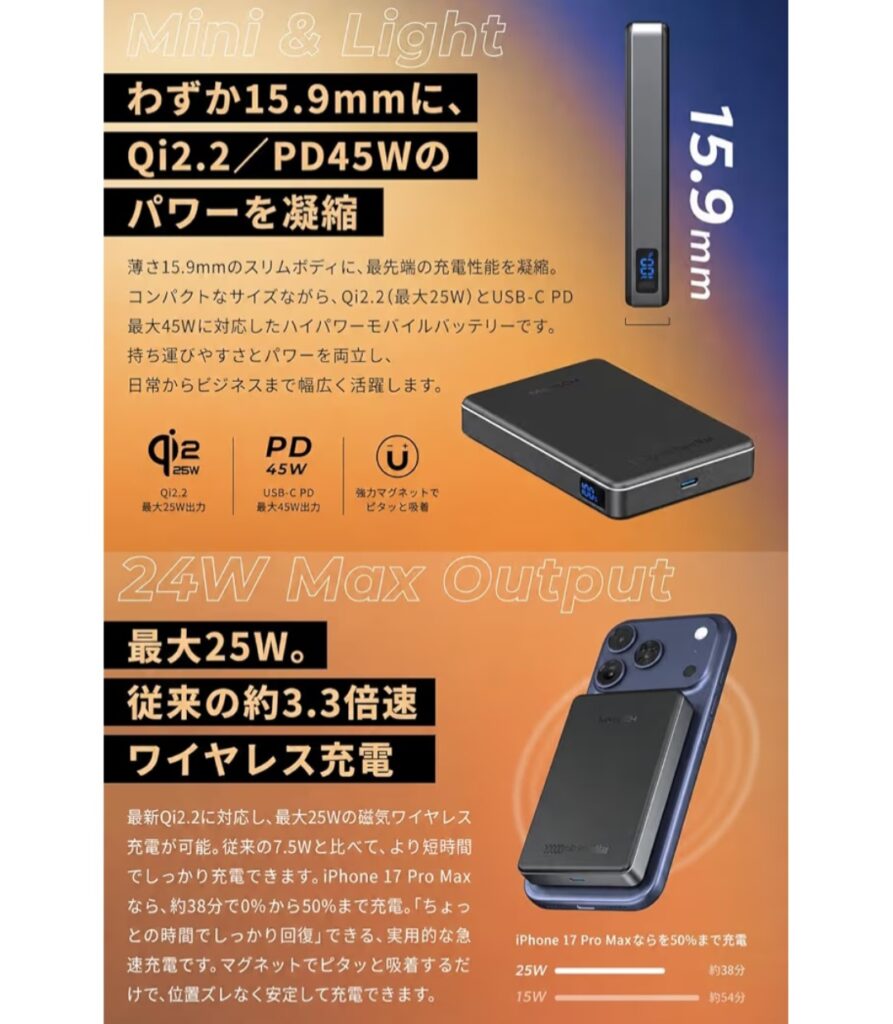MATECH MagOn PowerMax 10000 45W 薄さが分かるカット