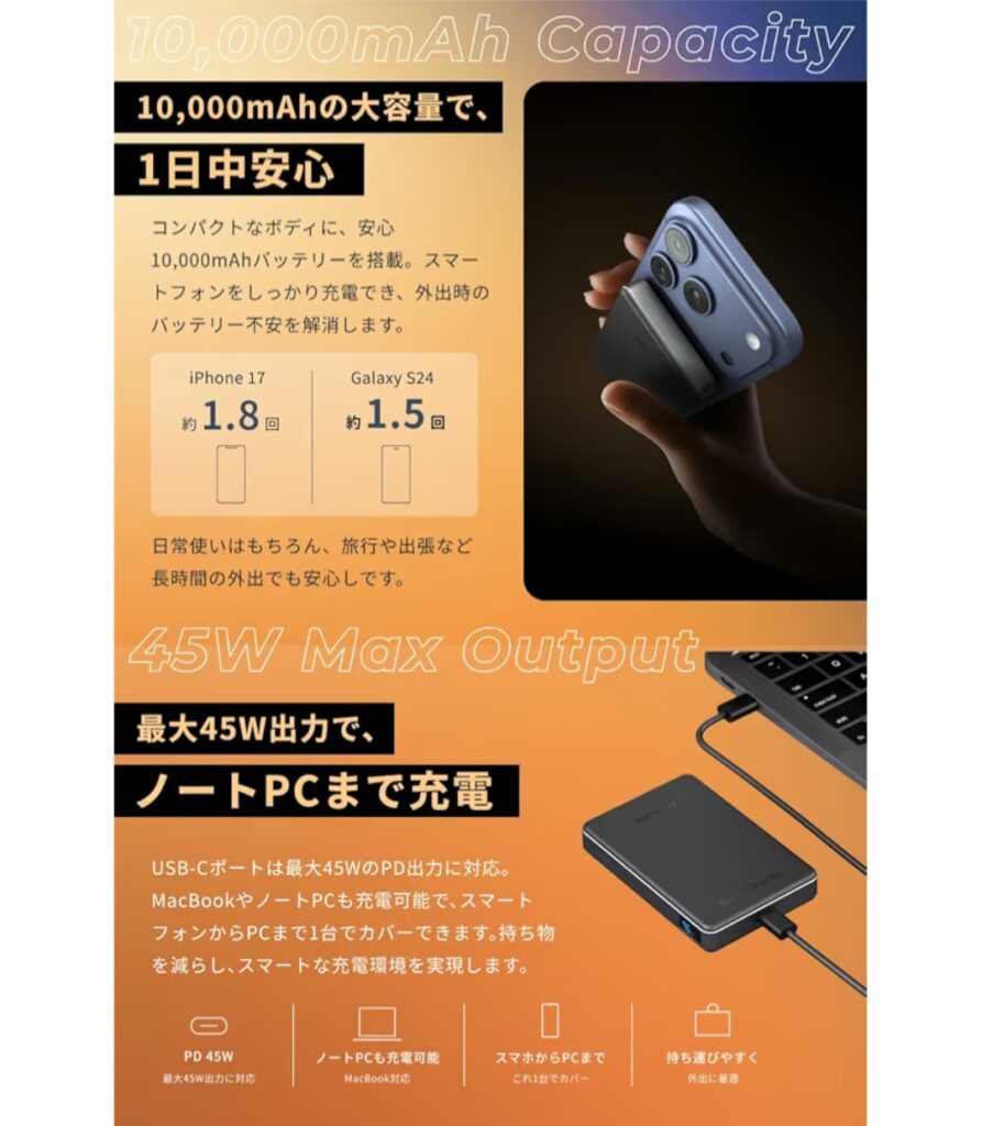 MATECH MagOn PowerMax 10000 45W 外出先での使用イメージ