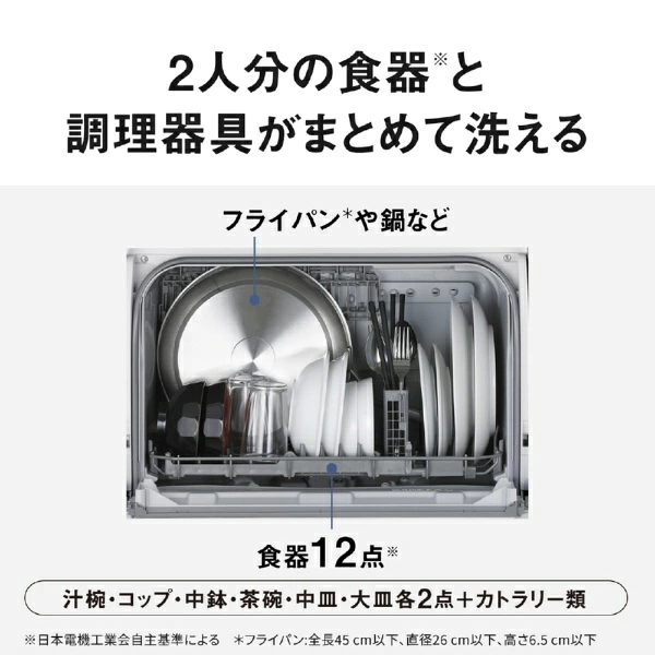 NP-TSP2に2人分の食器12点とフライパンや鍋を収納した例